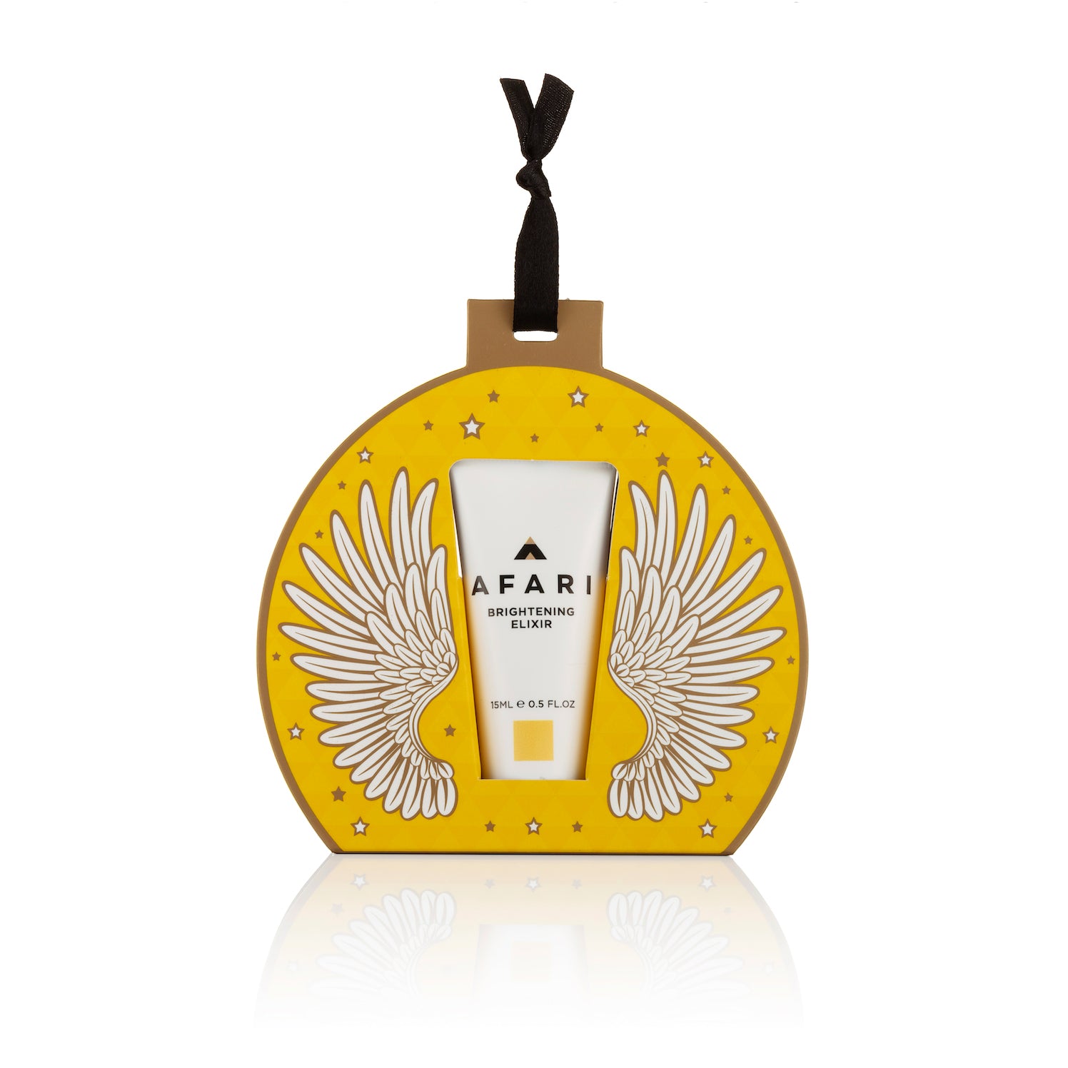 Housed in a bold yellow and gold printed bauble, the Afari Brightening Elixir Bauble includes a 15ml version of our award-winning dark spot serum. 