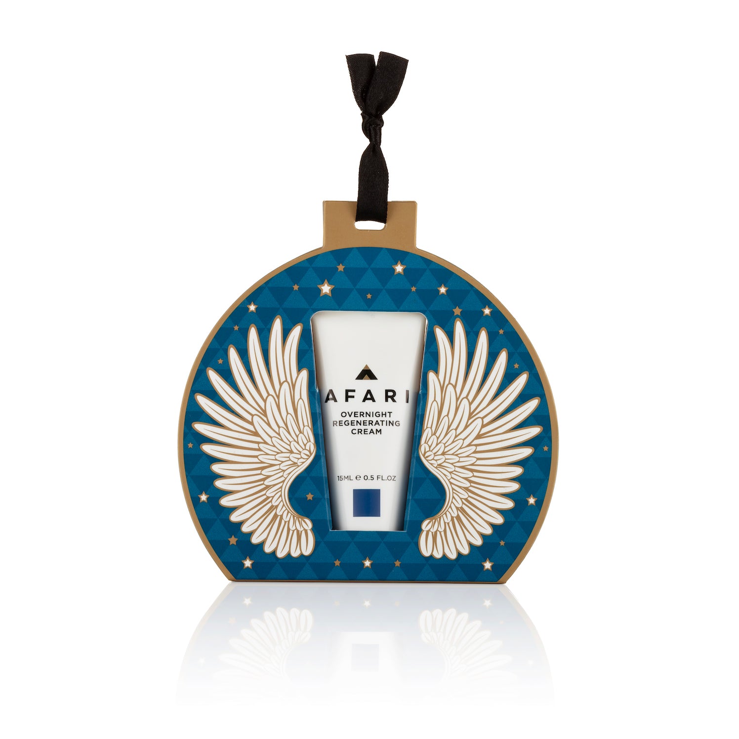 Housed in a midnight blue printed Christmas bauble, the Afari Overnight Regenerating Cream 15ml is an intensive overnight treatment